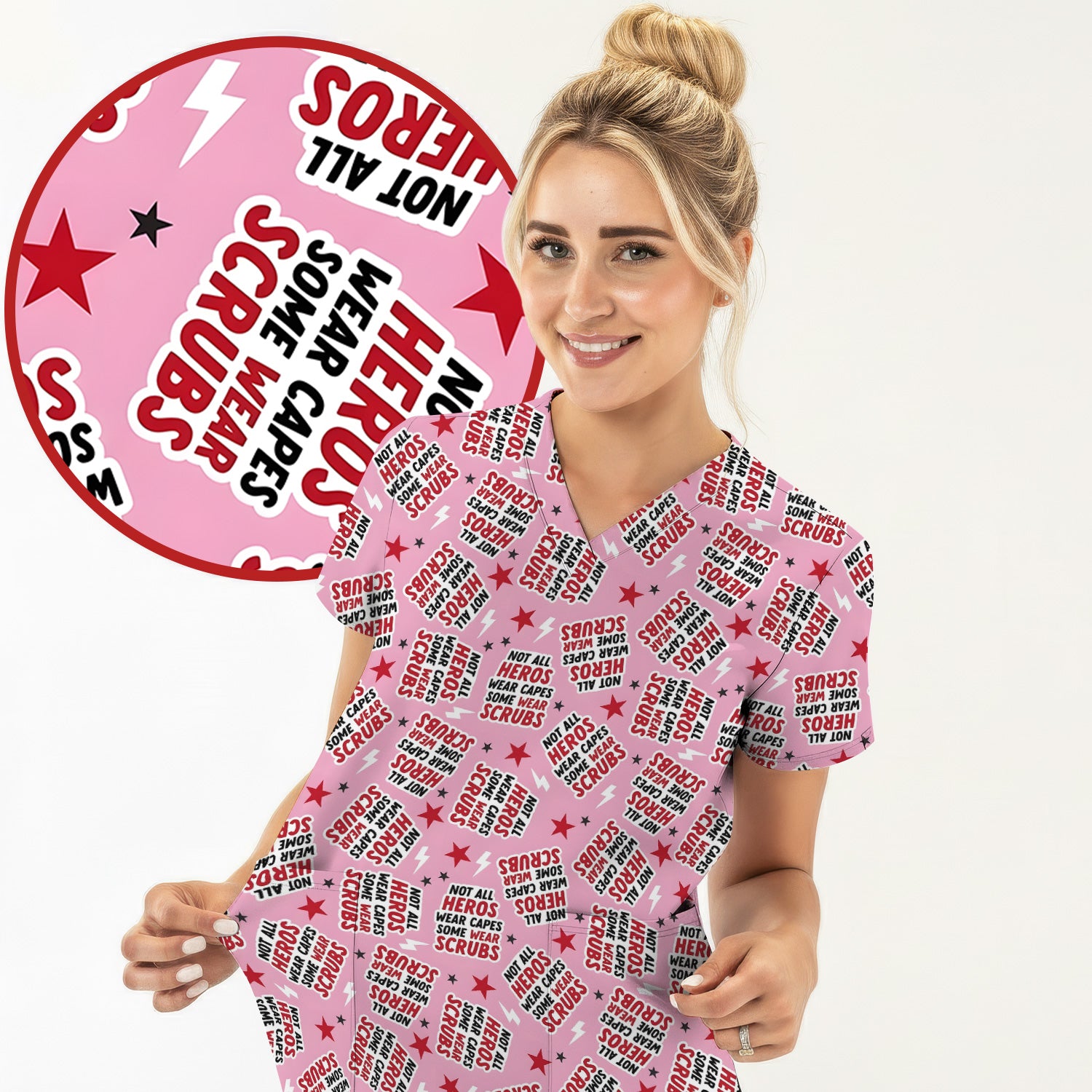 Not All Heroes Wear Scrubs Quote Stars Lightning Pattern Scrub Top, Comfortable Scrubs for Nurses