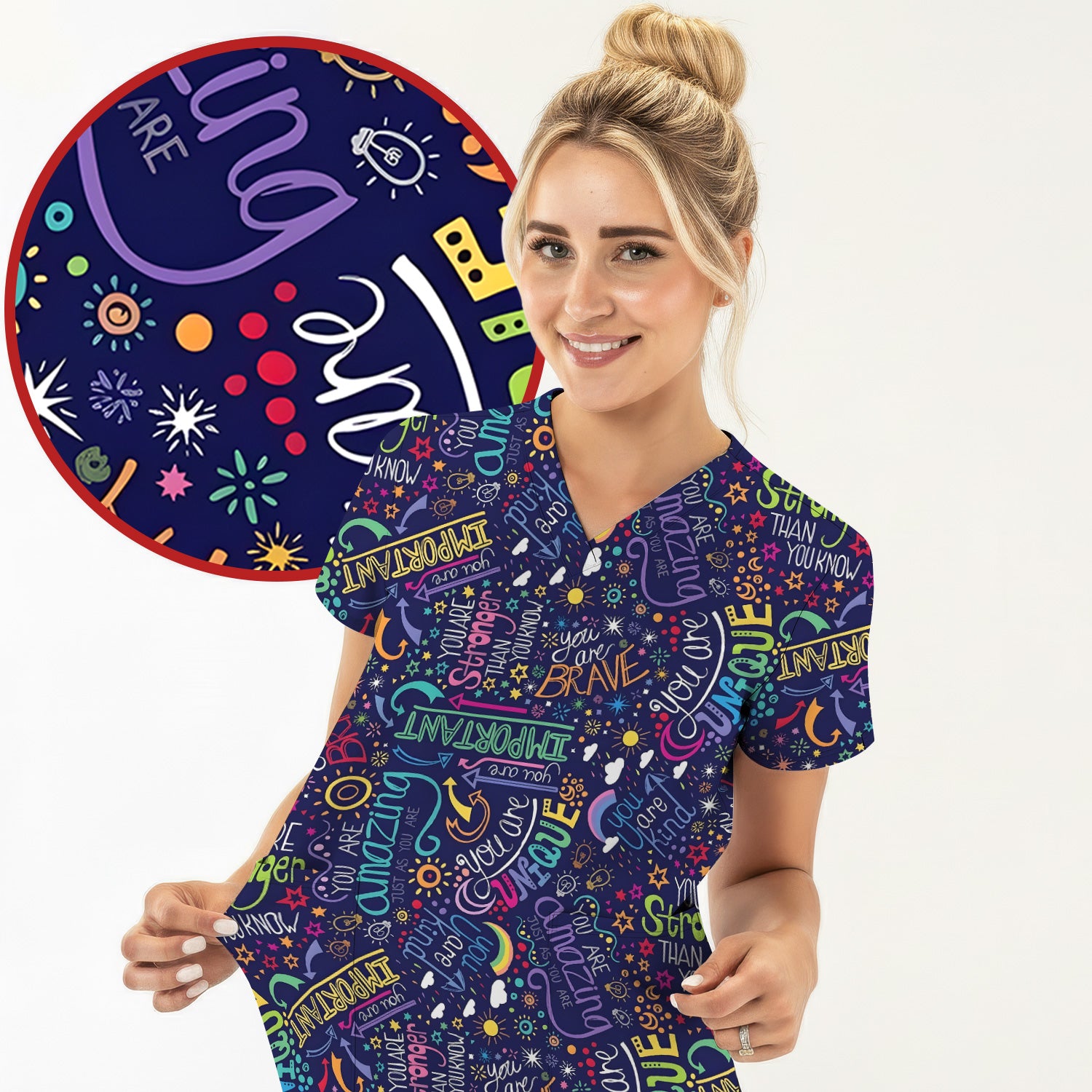 Inspirational Quote Pattern Scrub Top, Breathable Fabrics Nursing Uniform