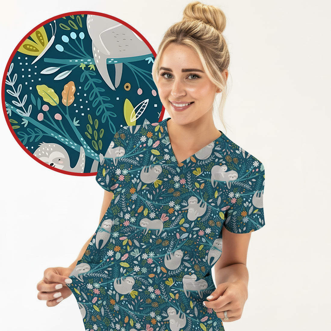 Cute Sloth Jungle Leaf Floral Pattern Scrub Top, Breathable Fabrics Nursing Uniform