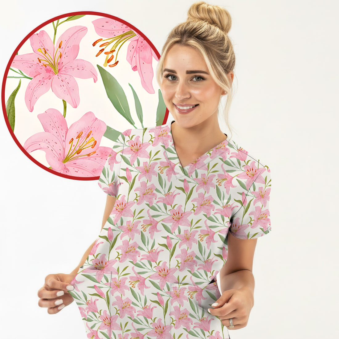 Cute Pink Lily Floral Nurse Pattern Scrub Top, Comfortable Scrubs for Nurses