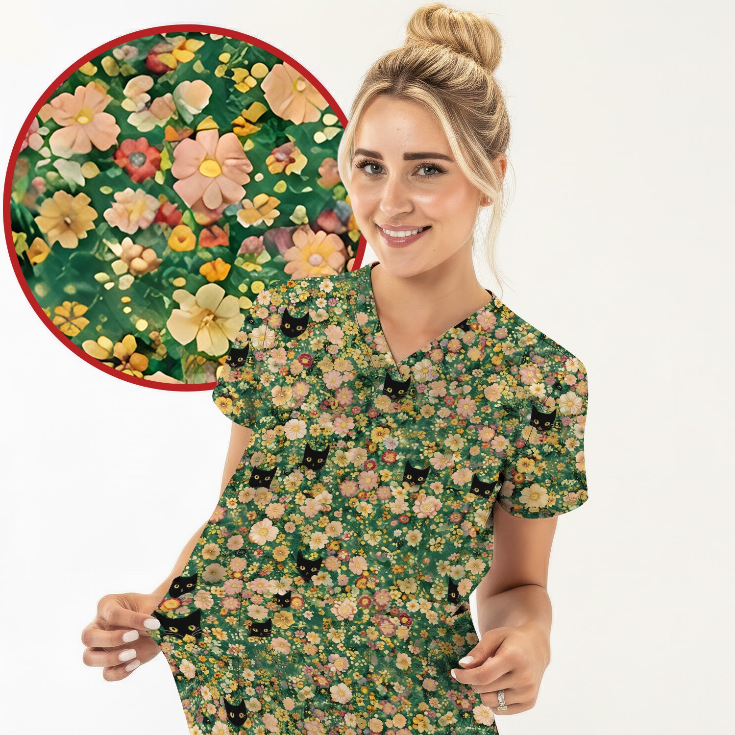 Cute Black Cat In Floral Garden Pattern Scrubs Top, Comfortable Scrubs for Nurses