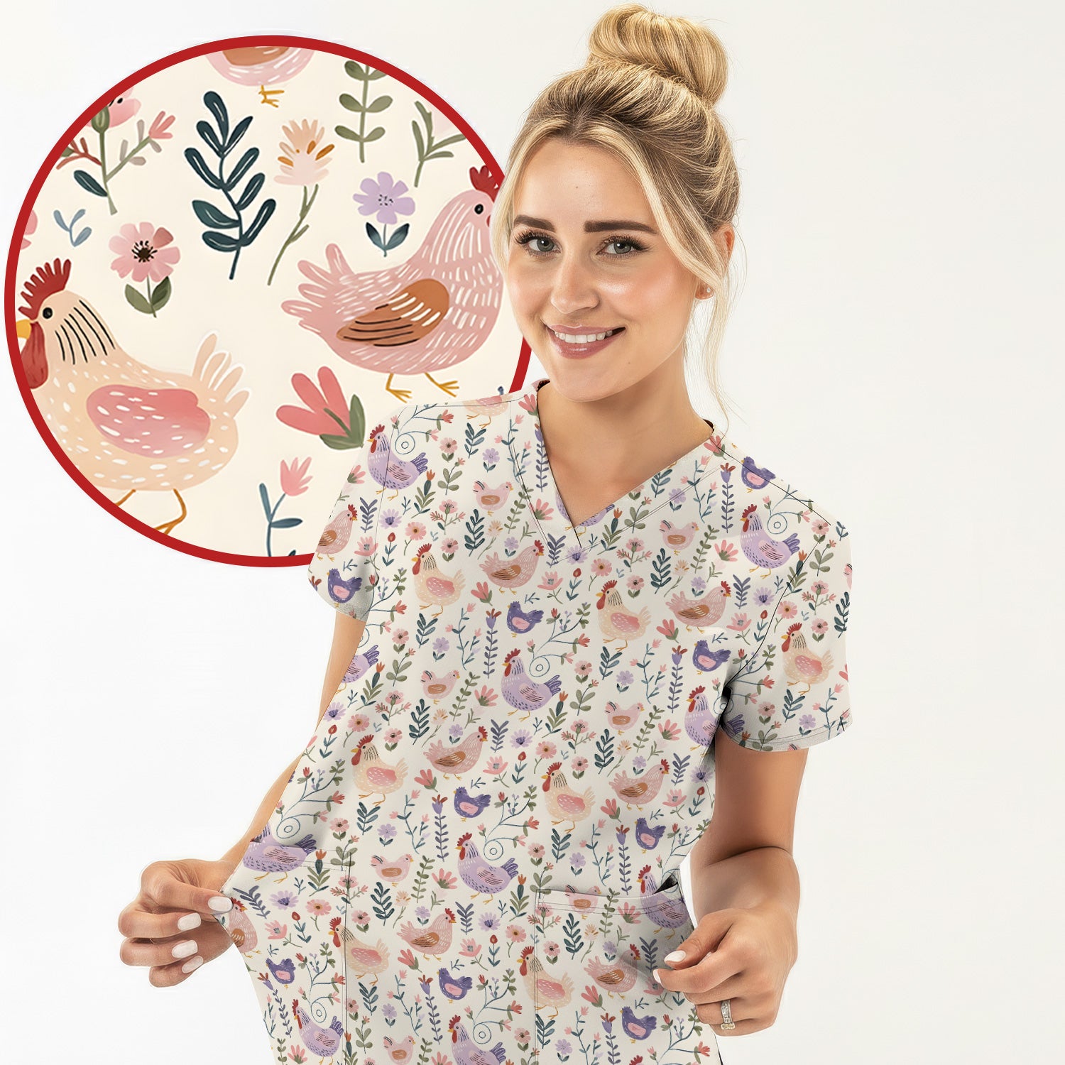 Cute Farm Chicken Floral Garden Pattern Scrub Top, Comfortable Scrubs for Nurses