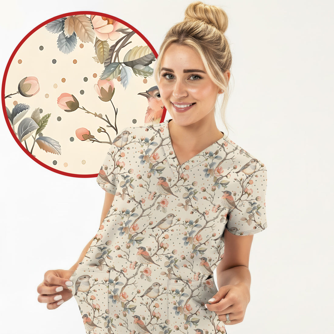 Vintage Bird Floral Branch Print Scrub Top, Soft Botanical Nursing Uniform for Women