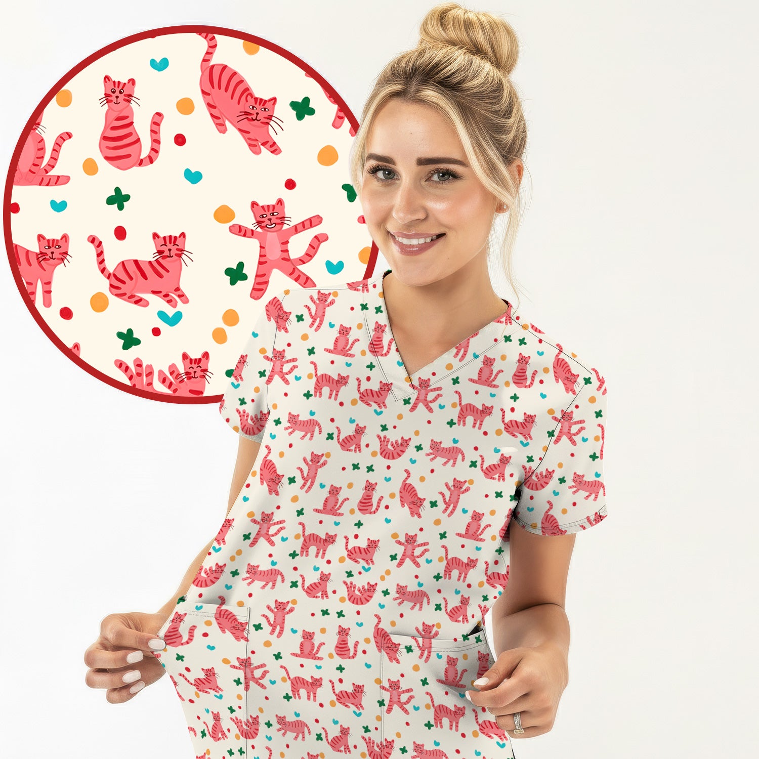 Cute Pink Cat Pattern Scrub Top, Comfortable Scrubs for Nurses