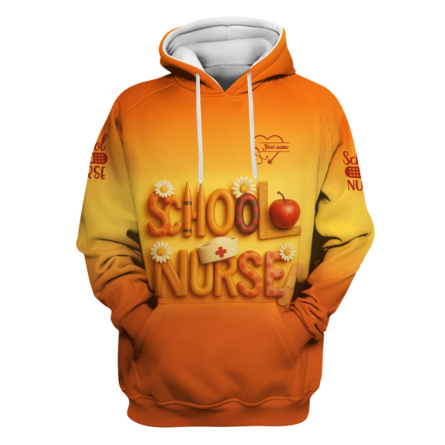 Custom School Nurse Scrub Top - Cute Apple Pencil Design with Bandages and Daisies - Back to School Gift for RN LPN Healthcare Workers