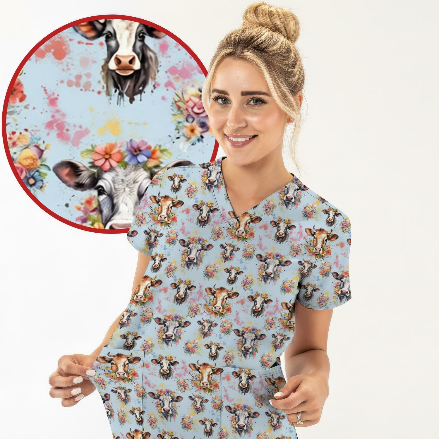 Cute Floral Cow Farm Animal Pattern Scrub Top, Comfortable Scrubs for Nurses