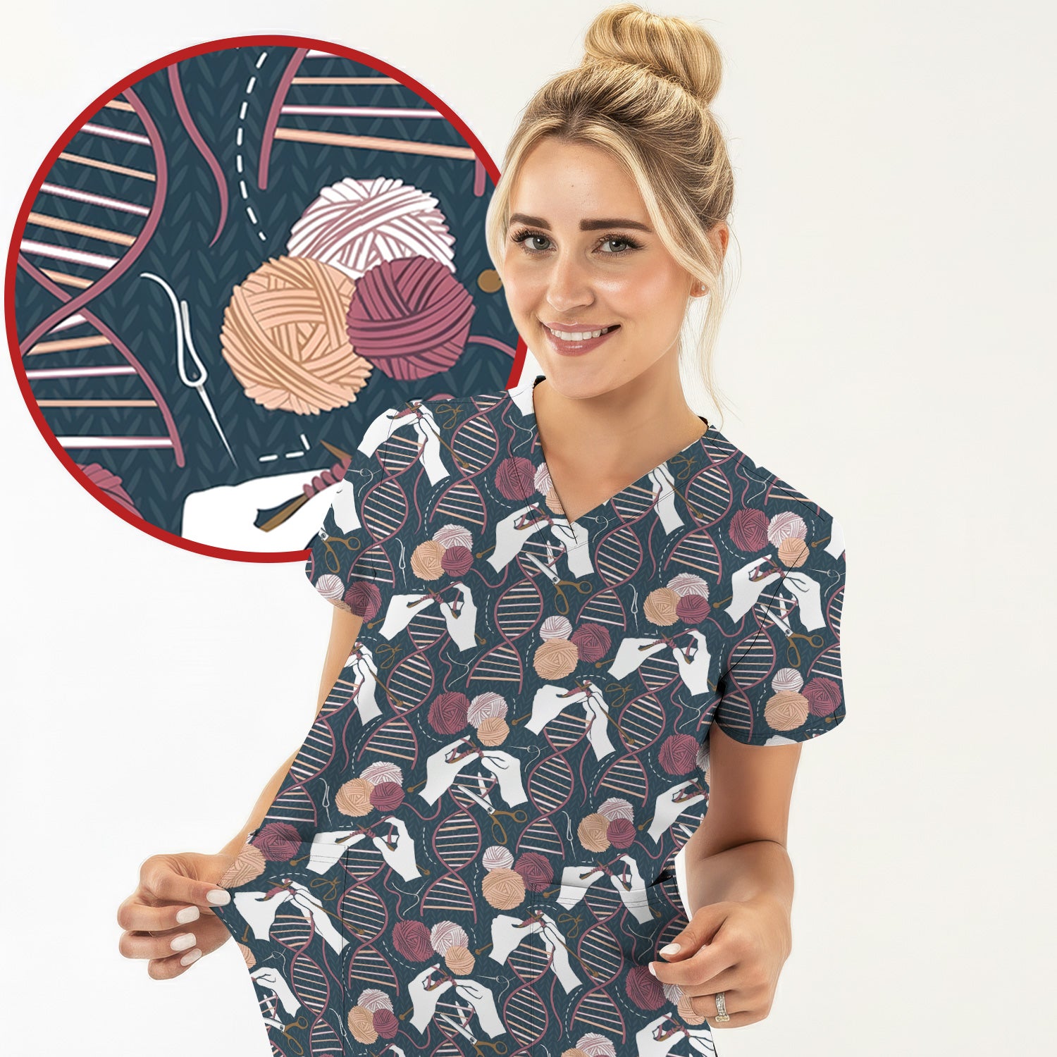 DNA Helix Yarn Pattern Scrub Top, Comfortable Scrubs for Nurses
