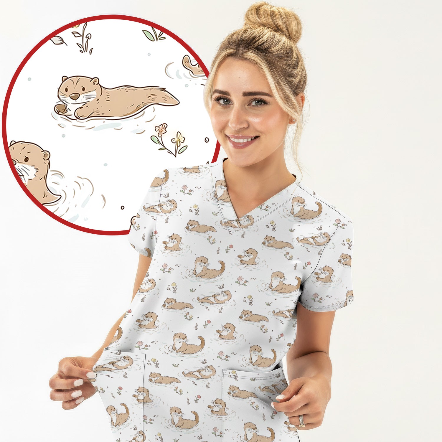Otter Swimming Floating Water Pattern Scrub Top, Breathable Fabrics Nursing Uniform