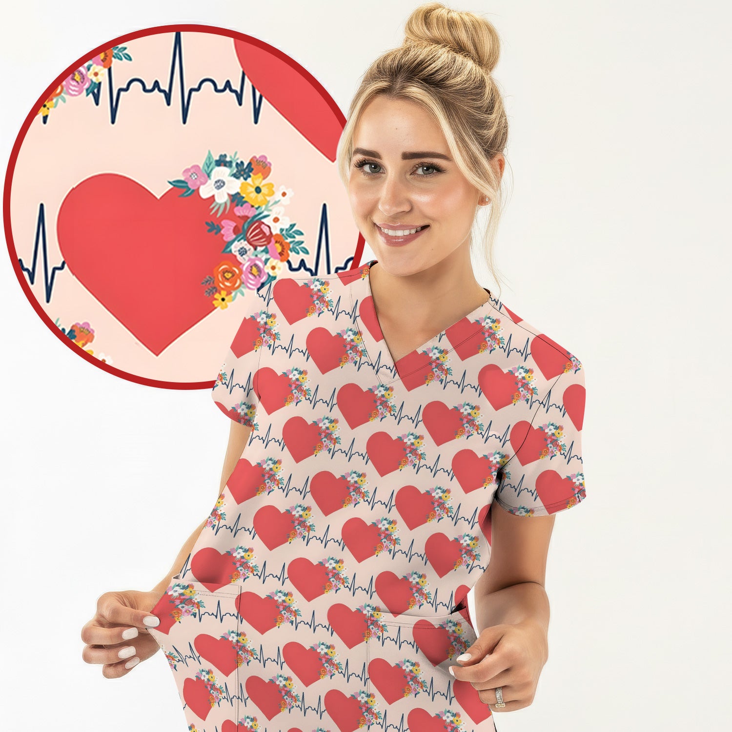 Nurse Heartbeat Floral Pattern Scrub Top, Comfortable Scrubs for Nurses