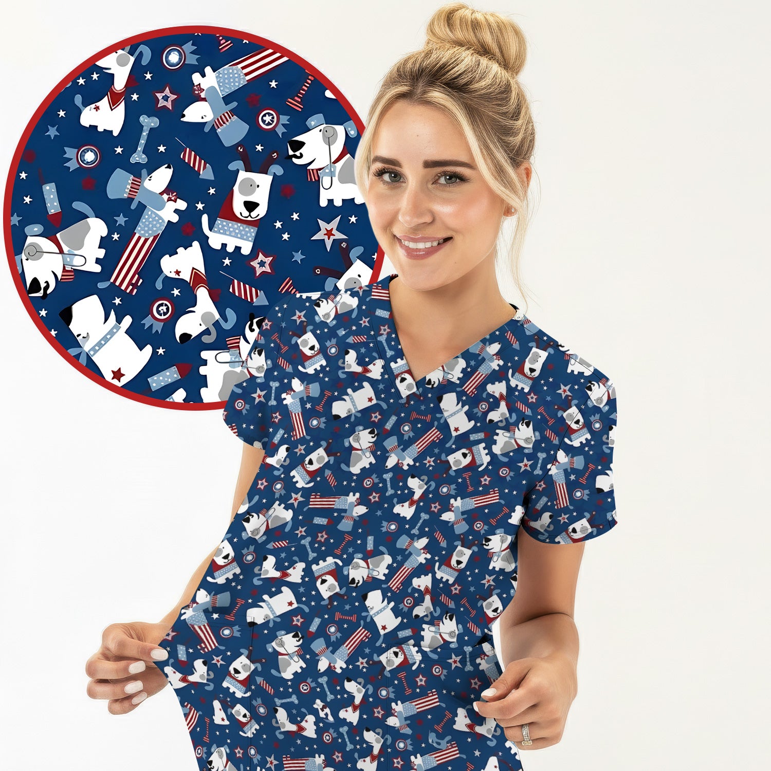 Patriotic Nurse Dog Stars Pattern Scrub Top, Comfortable Scrubs for Nurses