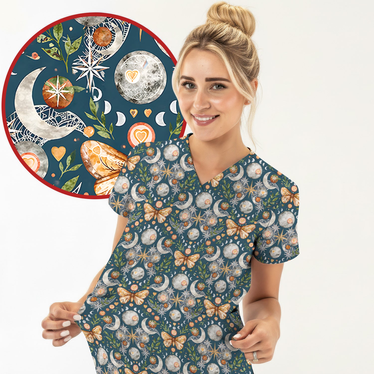 Celestial Butterfly Moonlight Pattern Scrub Top, Comfortable Scrubs for Nurses