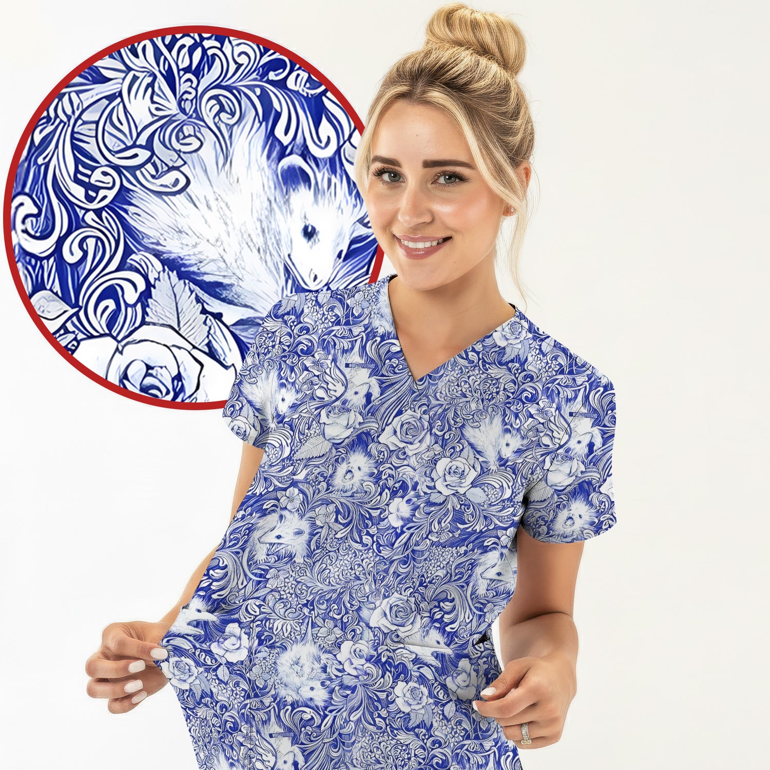 Blue Toile Porcupine Floral Pattern Scrub Top for Women, Breathable Nursing Uniform