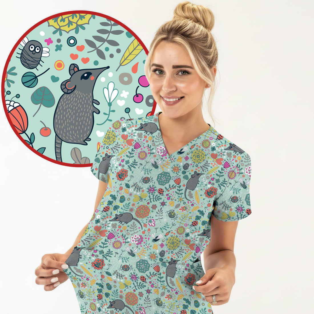 Woodland Mouse Floral Pattern Scrub Top, Comfortable Scrubs for Nurses