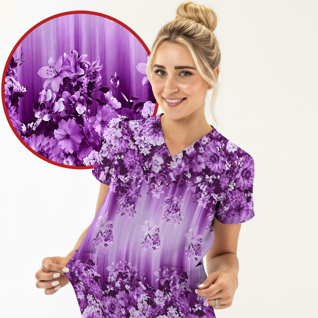 Purple Blossom Garden Pattern Scrub Top, Comfortable Scrubs for Nurses