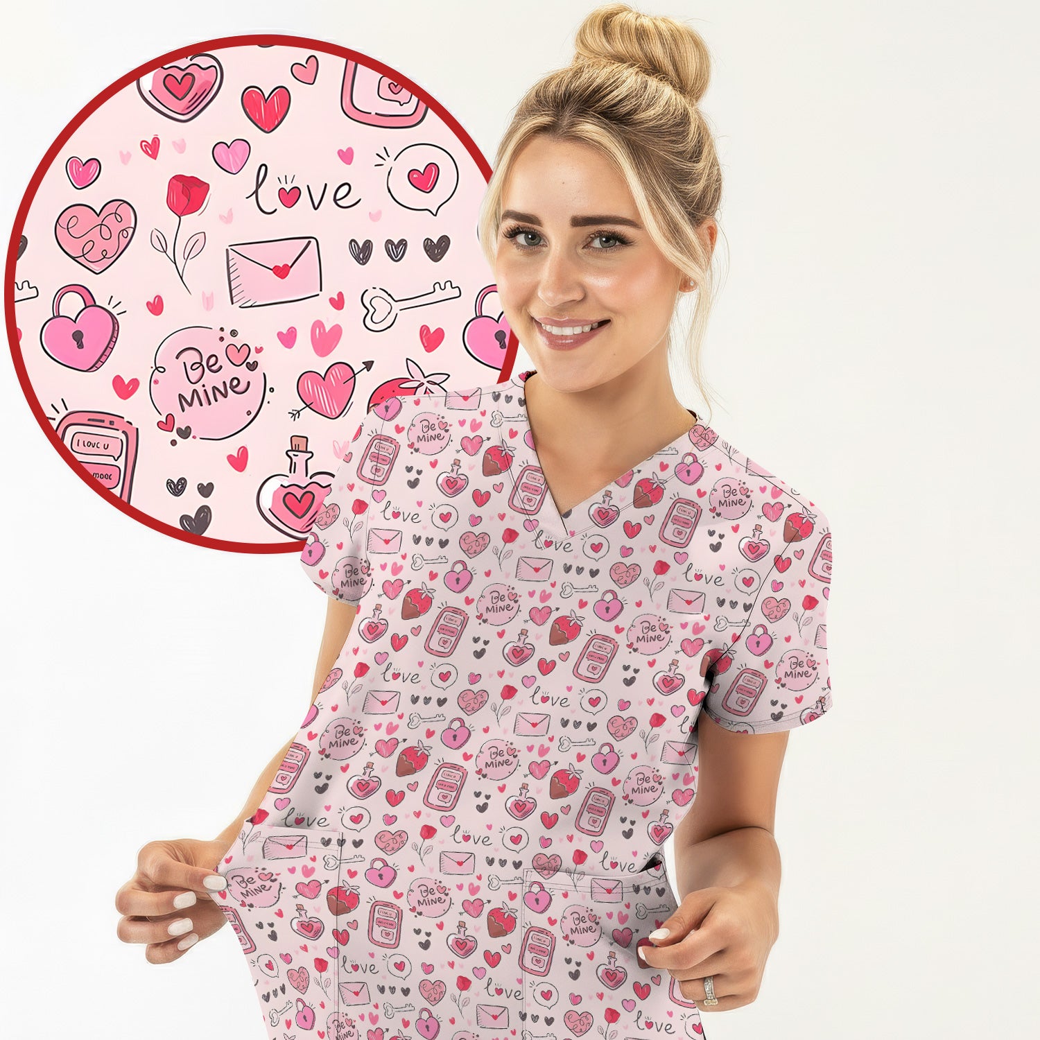 Be Mine Heart Pattern Pattern Scrub Top, Pink Valentine Pattern Nursing Uniform For Women