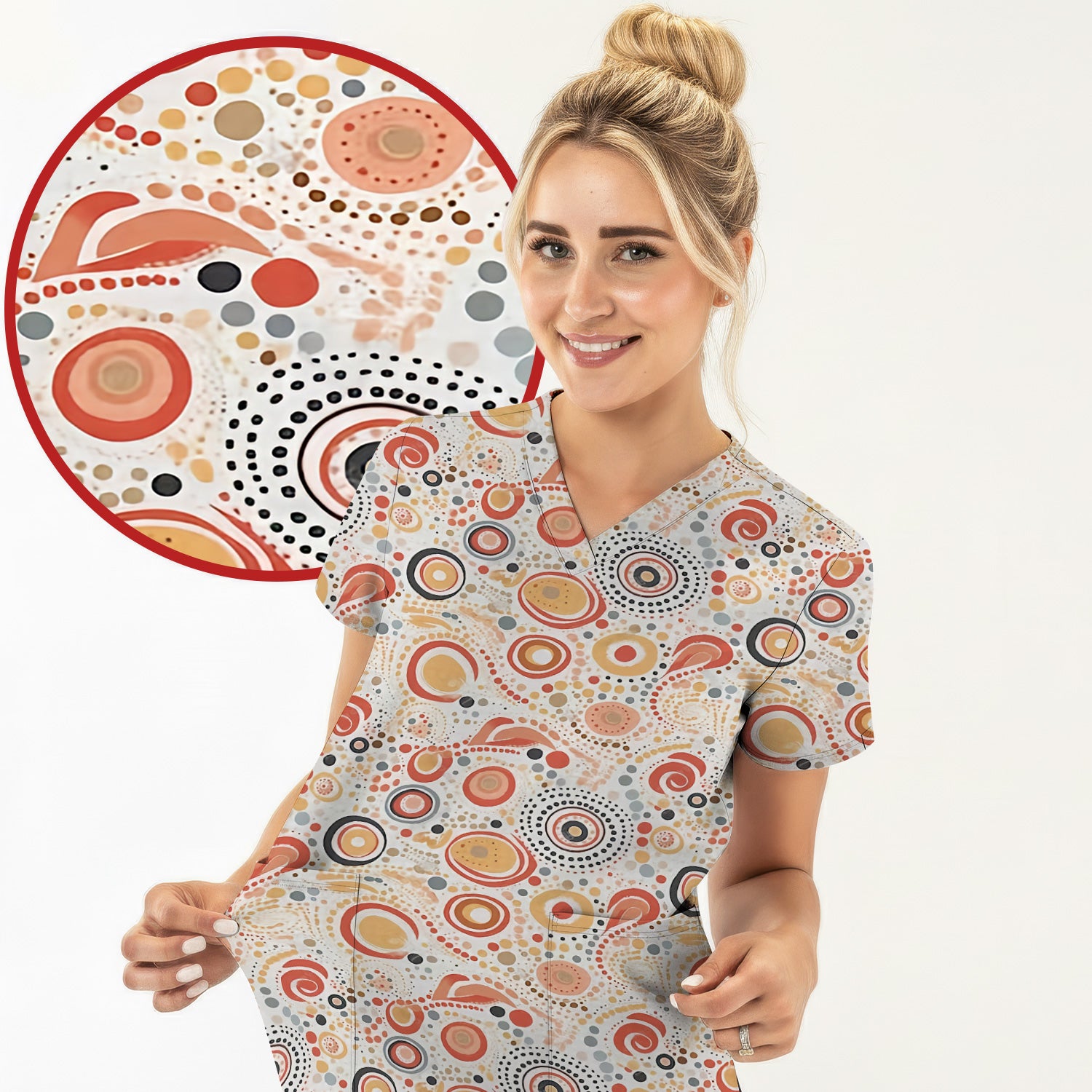 Abstract Earth Tone Dot Circle Pattern Scrub Top, Breathable Fabrics Nursing Uniform