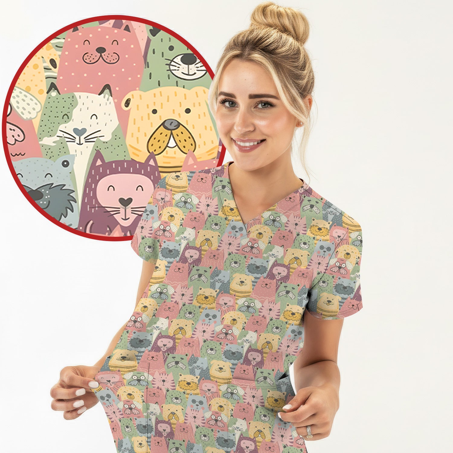 Cartoon Cat & Dog Faces Pattern Scrub Top, Comfortable Scrubs for Nurses