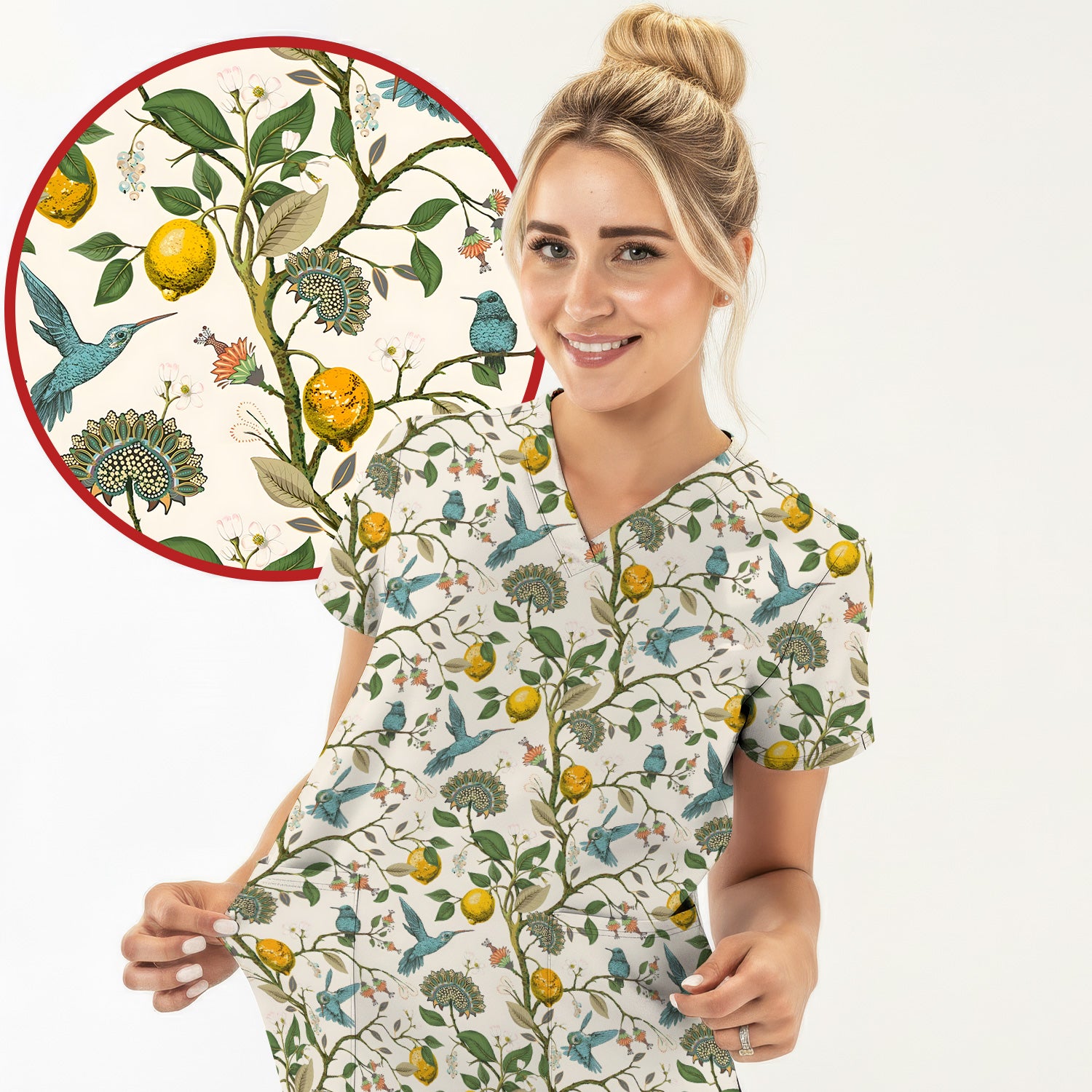 Cute Hummingbird Lemon Floral Pattern Scrub Top, Comfortable Scrubs for Nurses