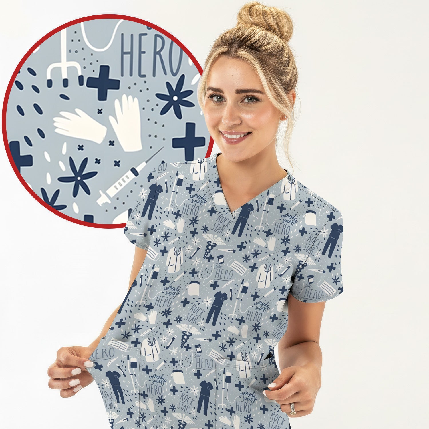 Inspirational Healthcare Hero Medical Tools Nurse Pattern Scrub Top, Comfortable Scrubs for Nurses