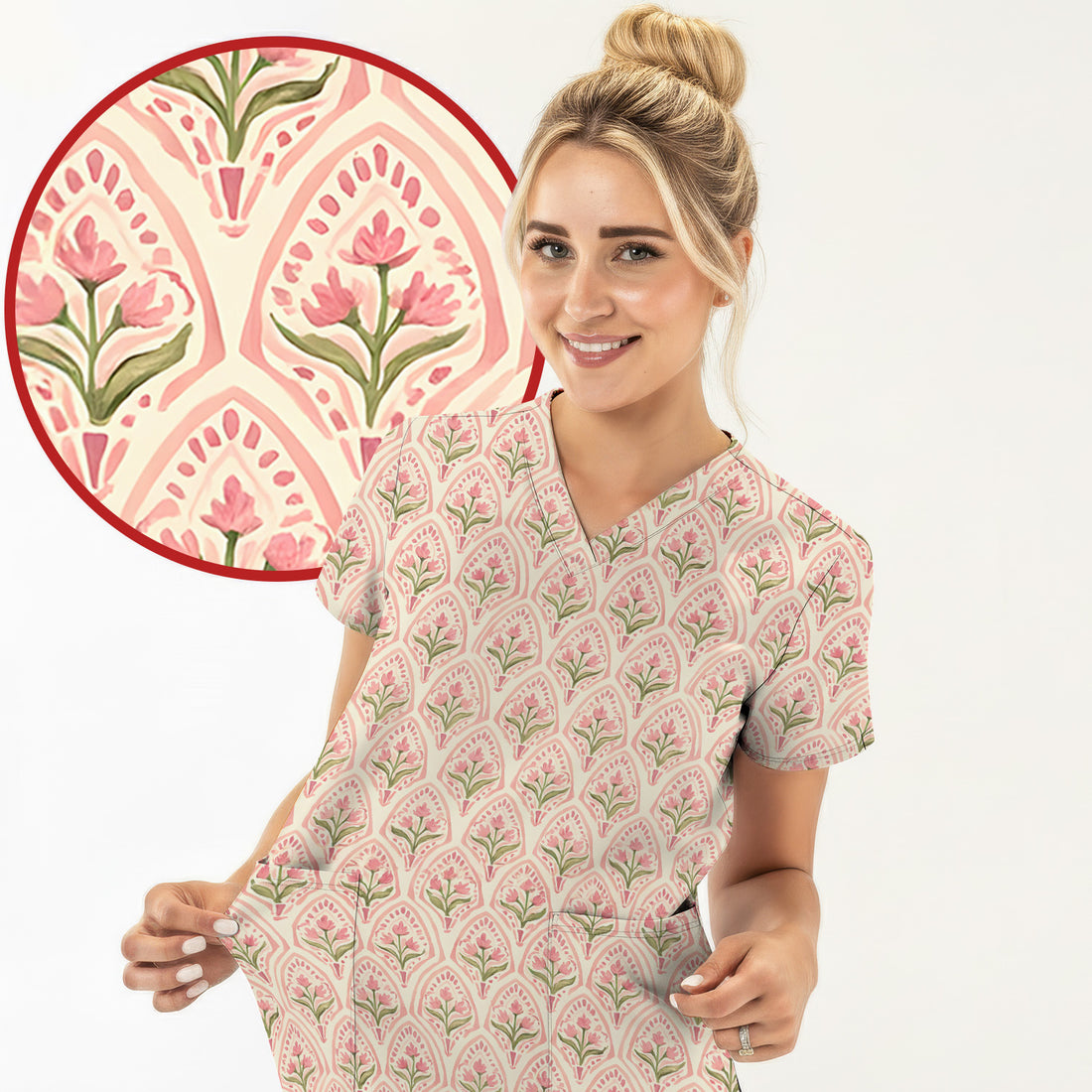 Pink Tulip Floral Arch Pattern Scrub Top, Comfortable Scrubs for Nurses
