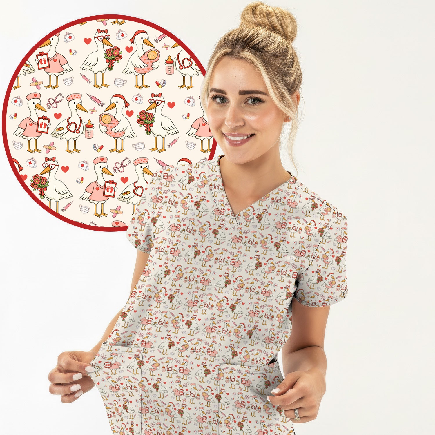 Cute Goose Nurse Valentine Print Scrub Set, Breathable Med Uniform