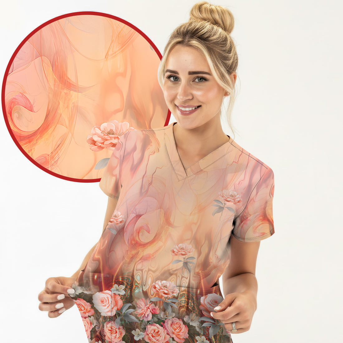 Elegant Peach Marble Rose Pattern Scrub Top, Comfortable Scrubs for Nurses