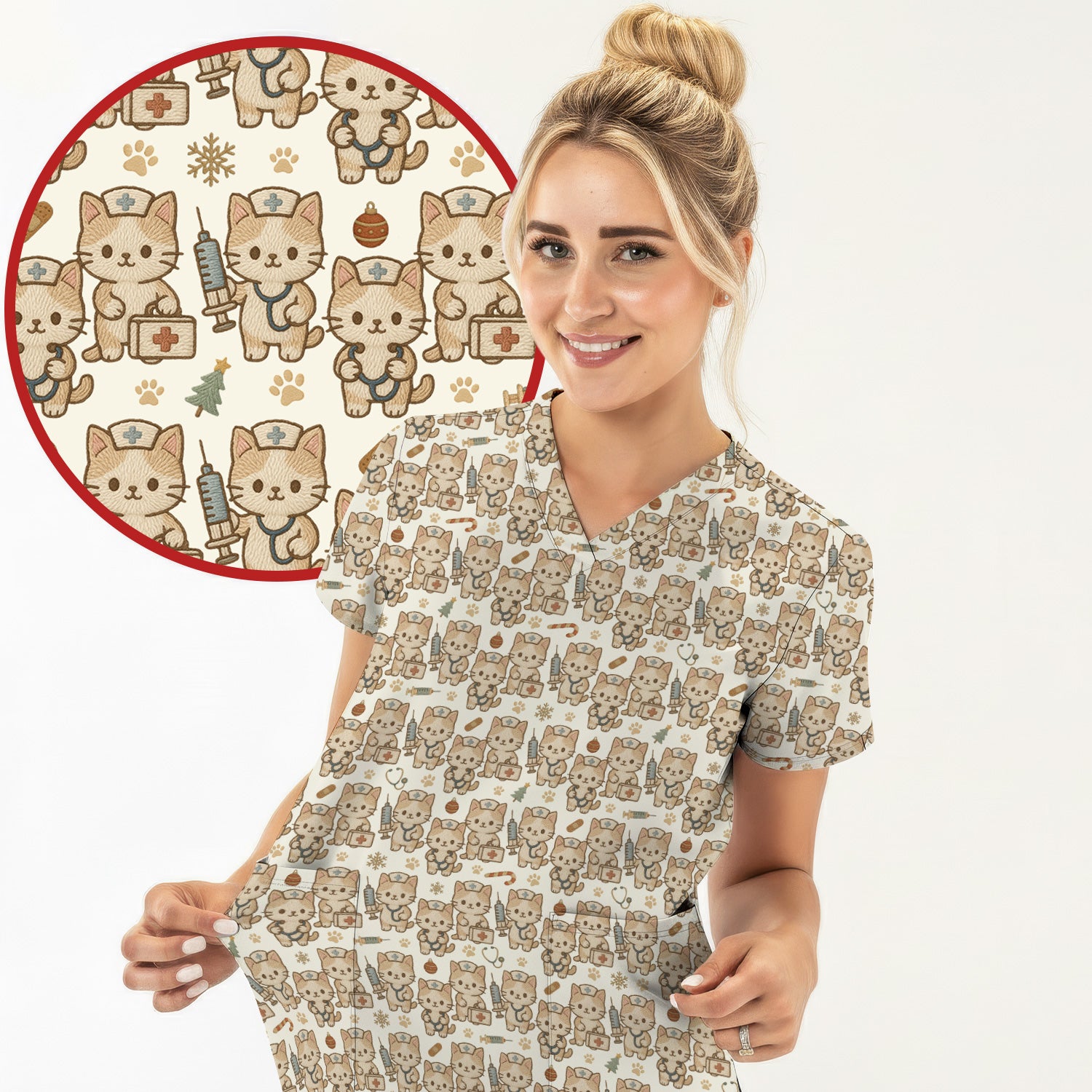 Cute Cat Nurse Christmas Scrub Top, Kawaii Kitty Medical Pattern Shirt, Breathable Fabrics Nursing Uniform