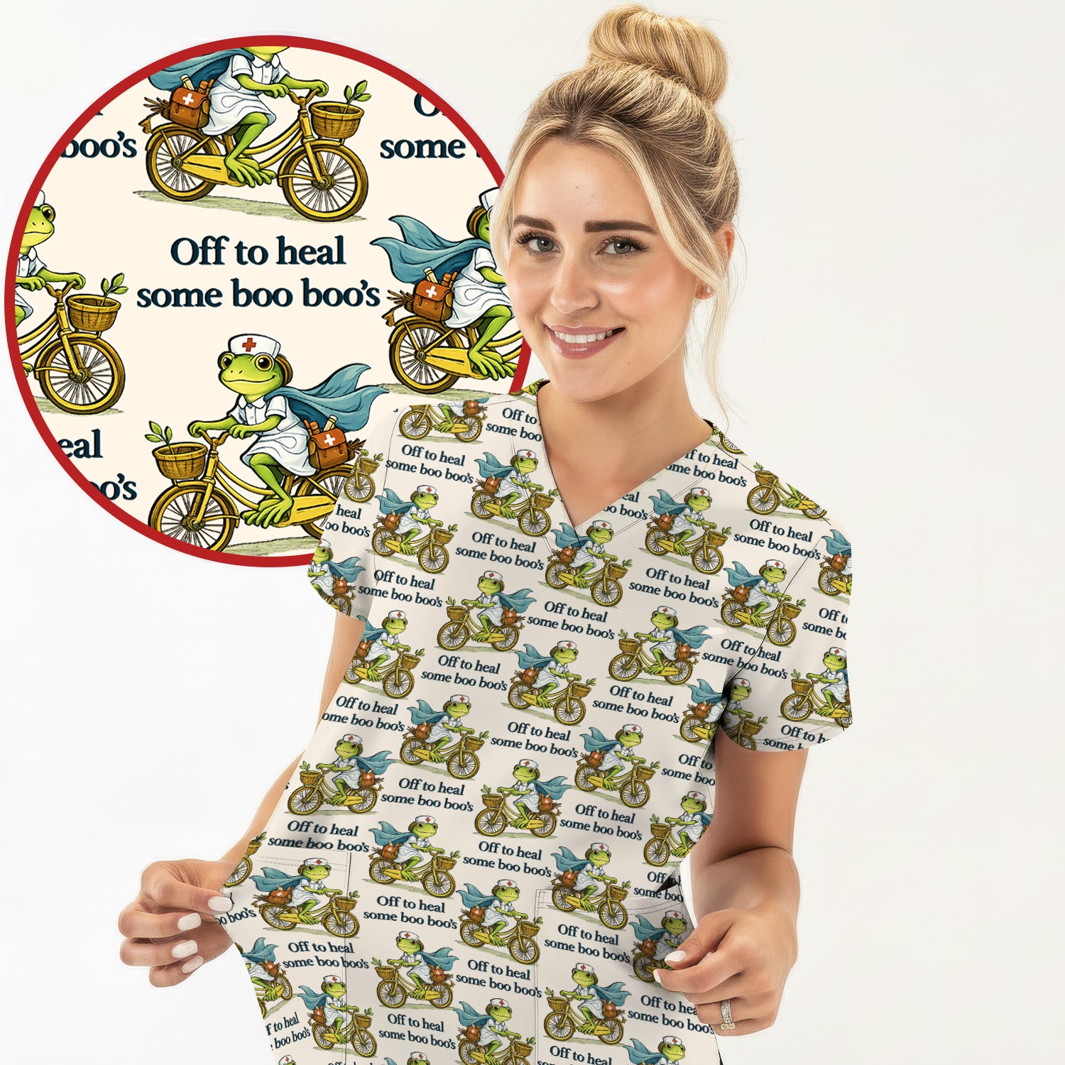 Funny Frog Nurse Cycling Pattern Scrub Top, Comfortable Scrubs for Nurses