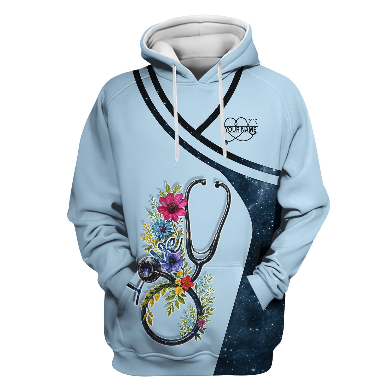 Personalized Nurse Love T-Shirt - Floral Stethoscope Galaxy Design - Custom Gift for RN LPN CNA Healthcare Workers