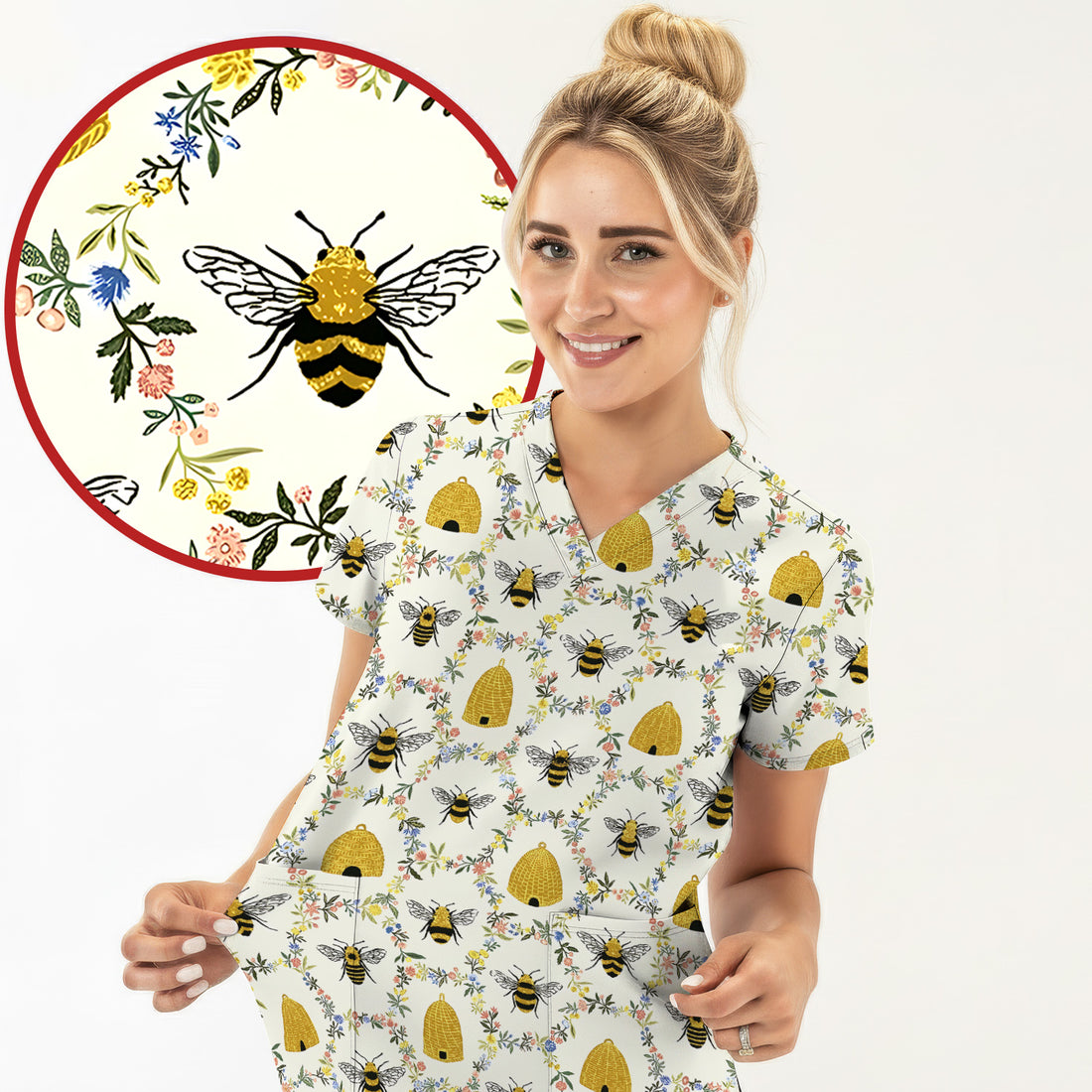Honey Bee Beehive Floral Pattern Scrub Top, Comfortable Scrubs for Nurses