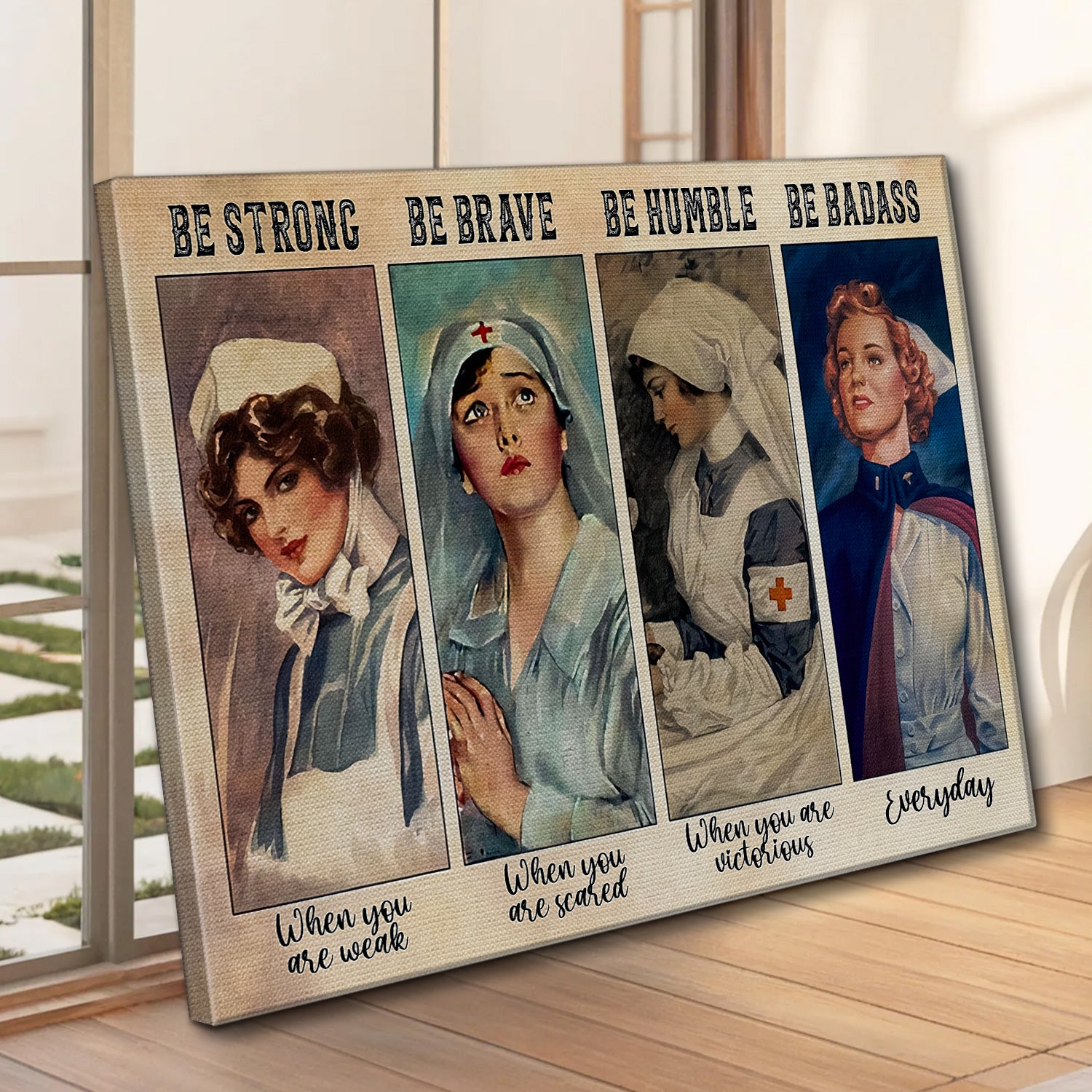 Inspirational Vintage Nurse Canvas, Be Strong Be Brave Be Humble Be Badass, RN LPN CNA Gift