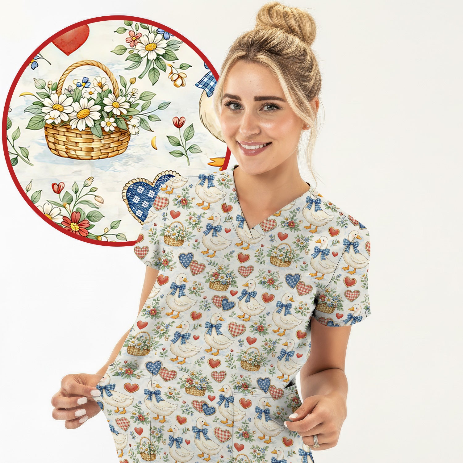 Cute Duck Heart Floral Nurse Pattern Scrub Top, Comfortable Scrubs for Nurses
