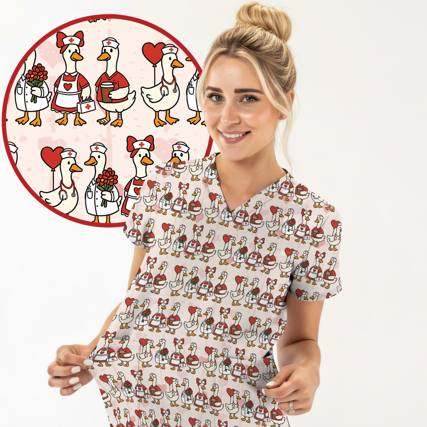 Valentine Nurse Goose with Heart Pattern Scrub Set, Scrub Pants and V Neck Top