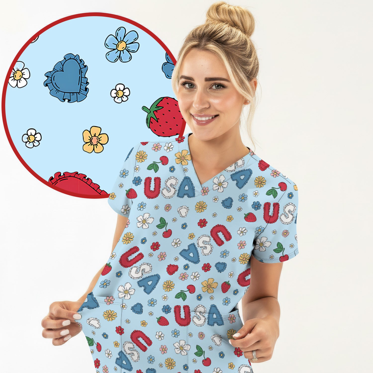 USA Cherry Strawberry Floral Patch Pattern Scrub Top, Comfortable Scrubs for Nurses
