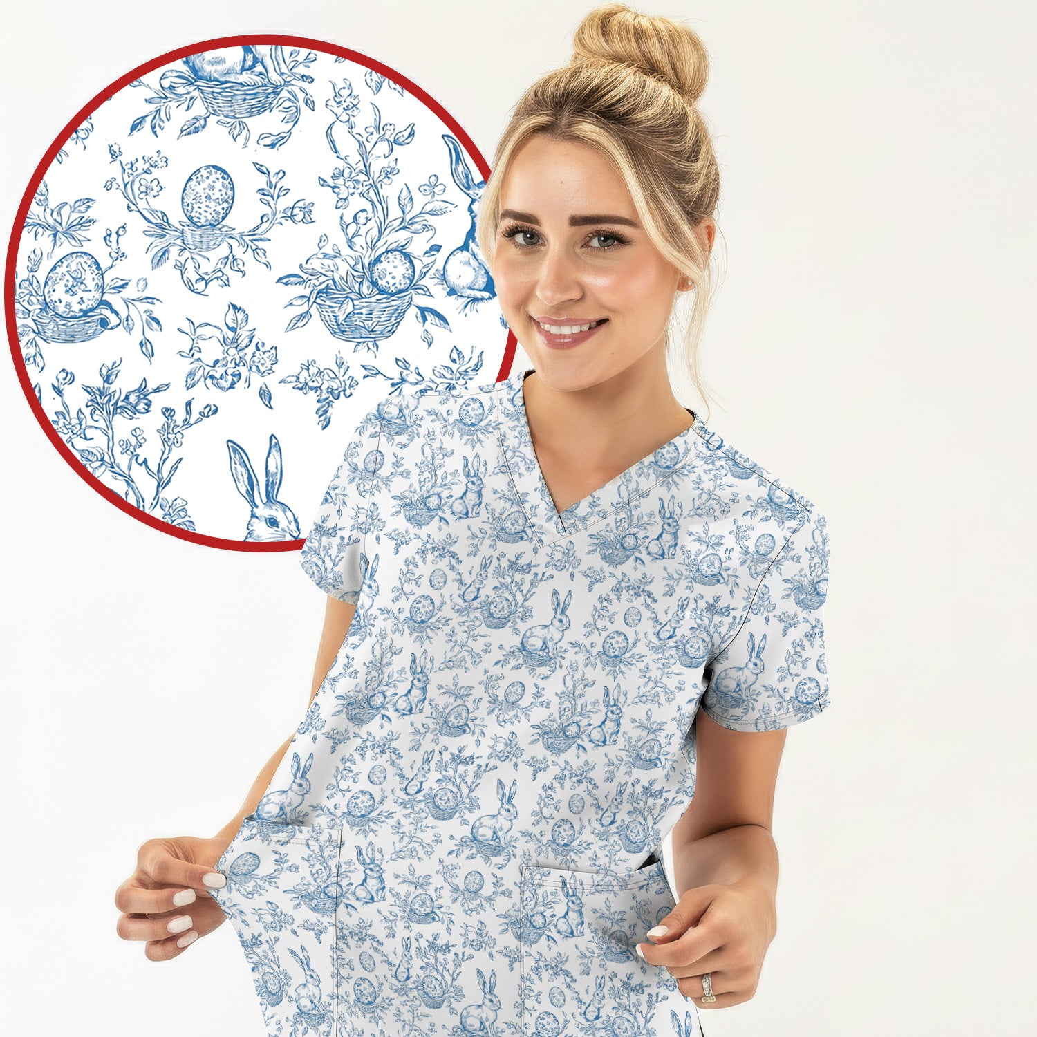 Easter Bunny Floral Egg Toile Pattern Design Print Set, Women's Scrub Sets