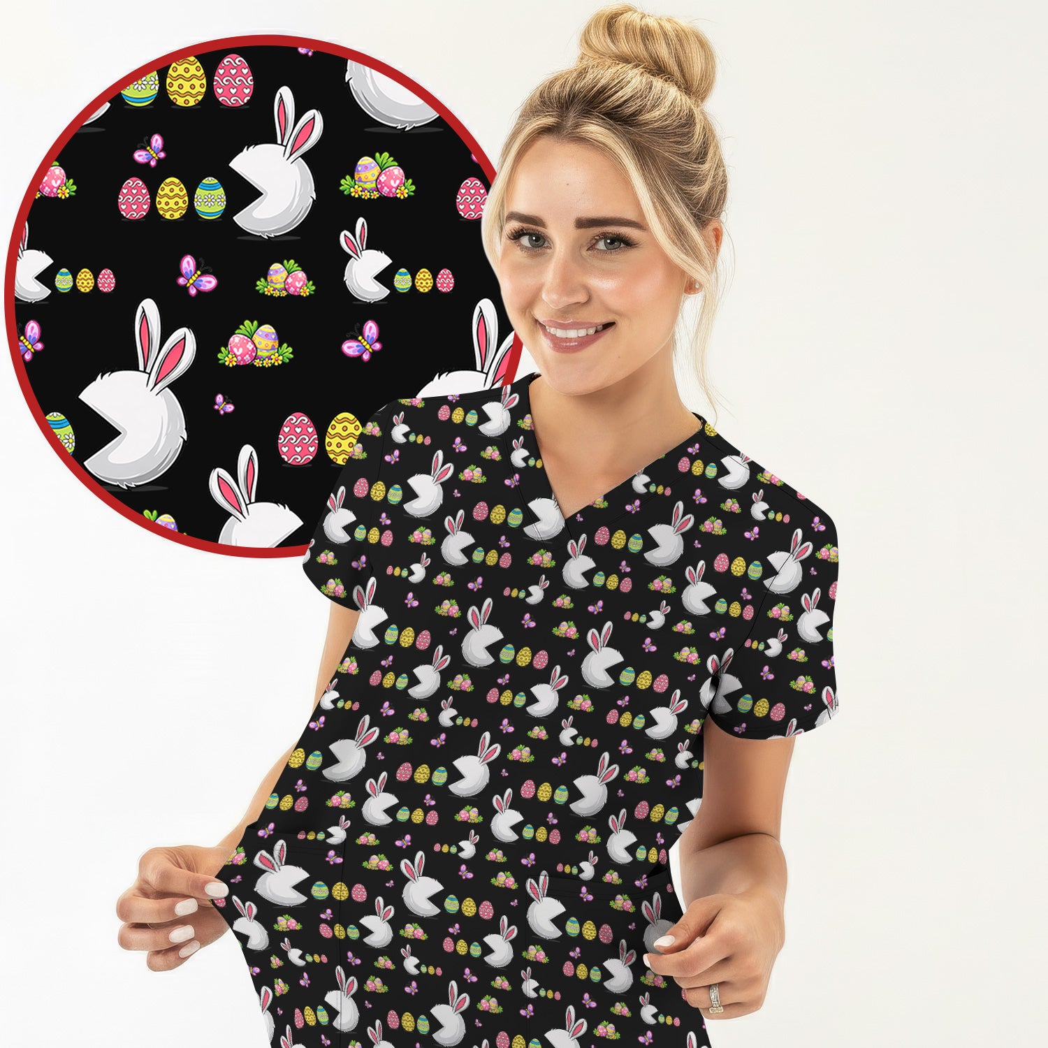 Easter Bunny and Colorful Eggs Print Scrub Top, Breathable Fabrics Nursing Uniform