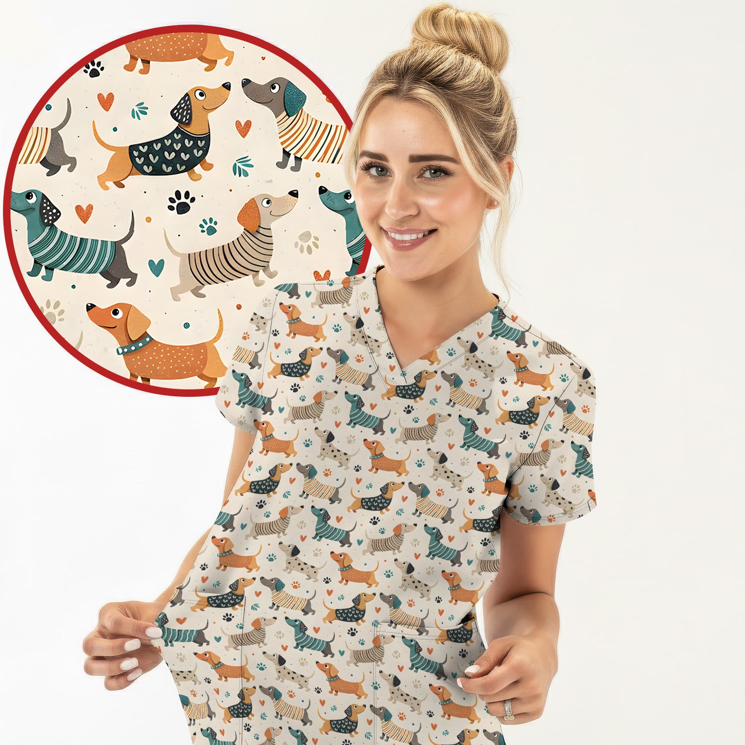 Fun Dachshund Dog Paw Heart Pattern Scrub Top, Comfortable Scrubs for Nurses