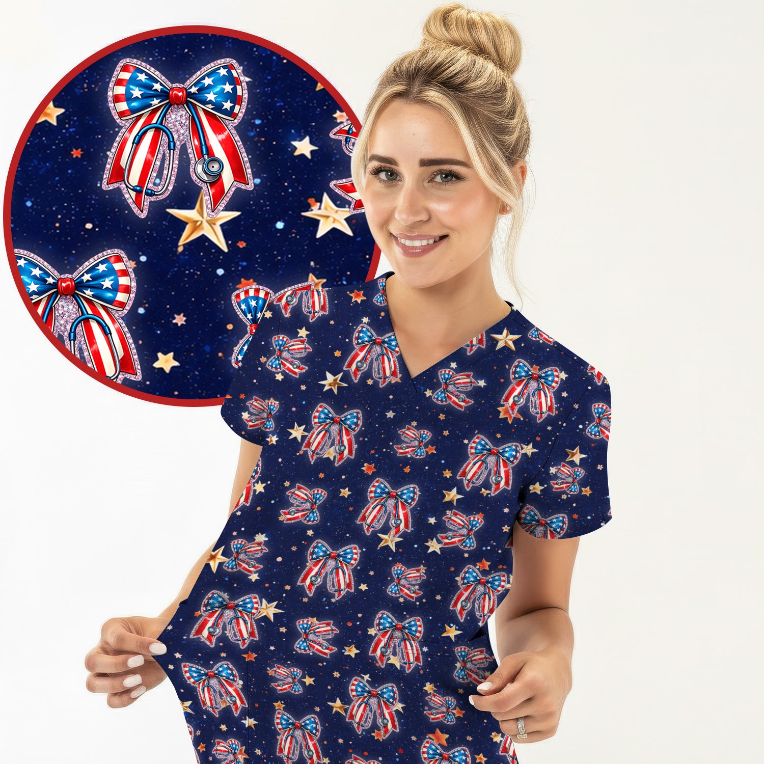 Patriotic Bow Star Print Women's Scrub Set, Breathable Med Uniform