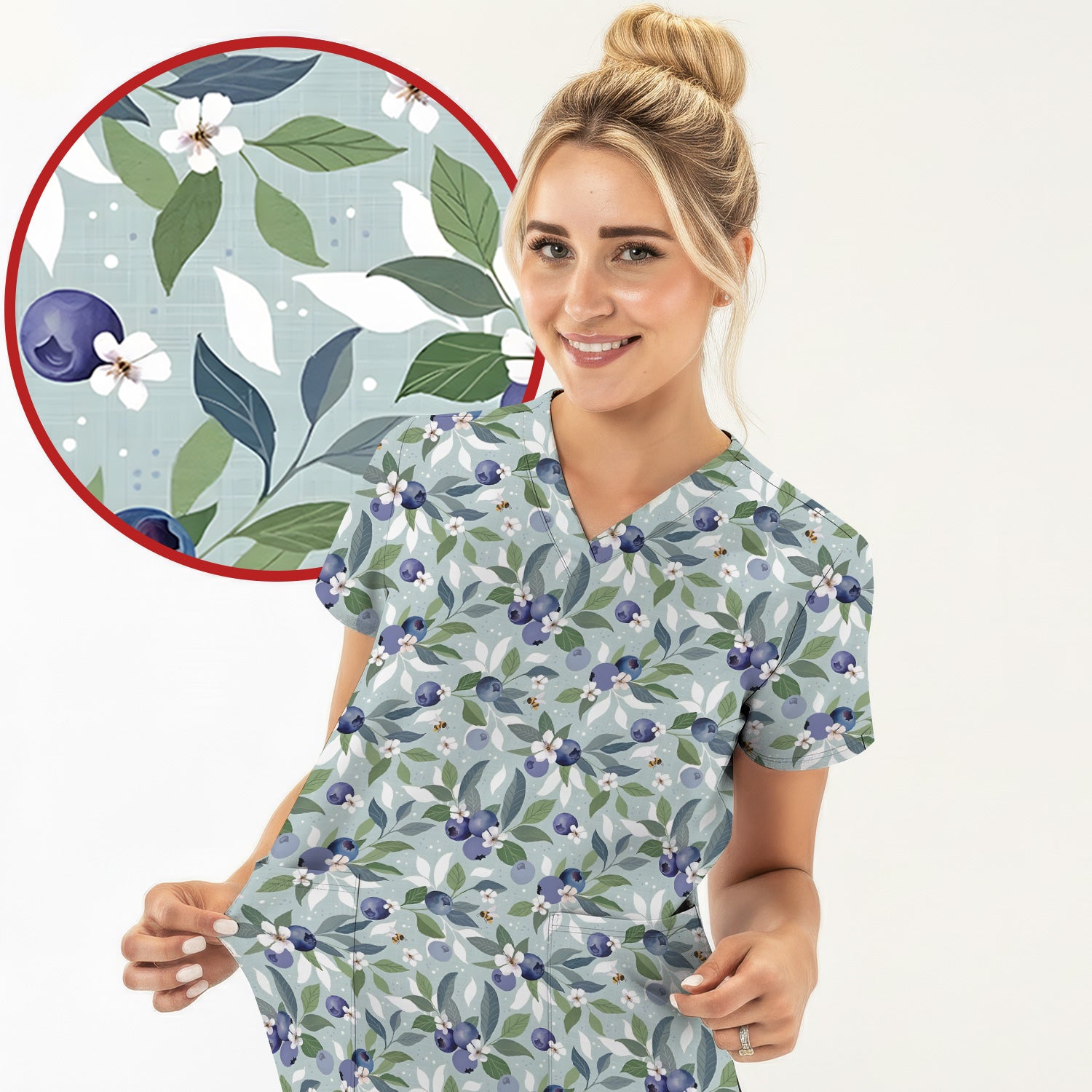 Fresh Blueberry Blossom Garden Pattern Nurse Scrub Top, Breathable Fabrics Nursing Uniform