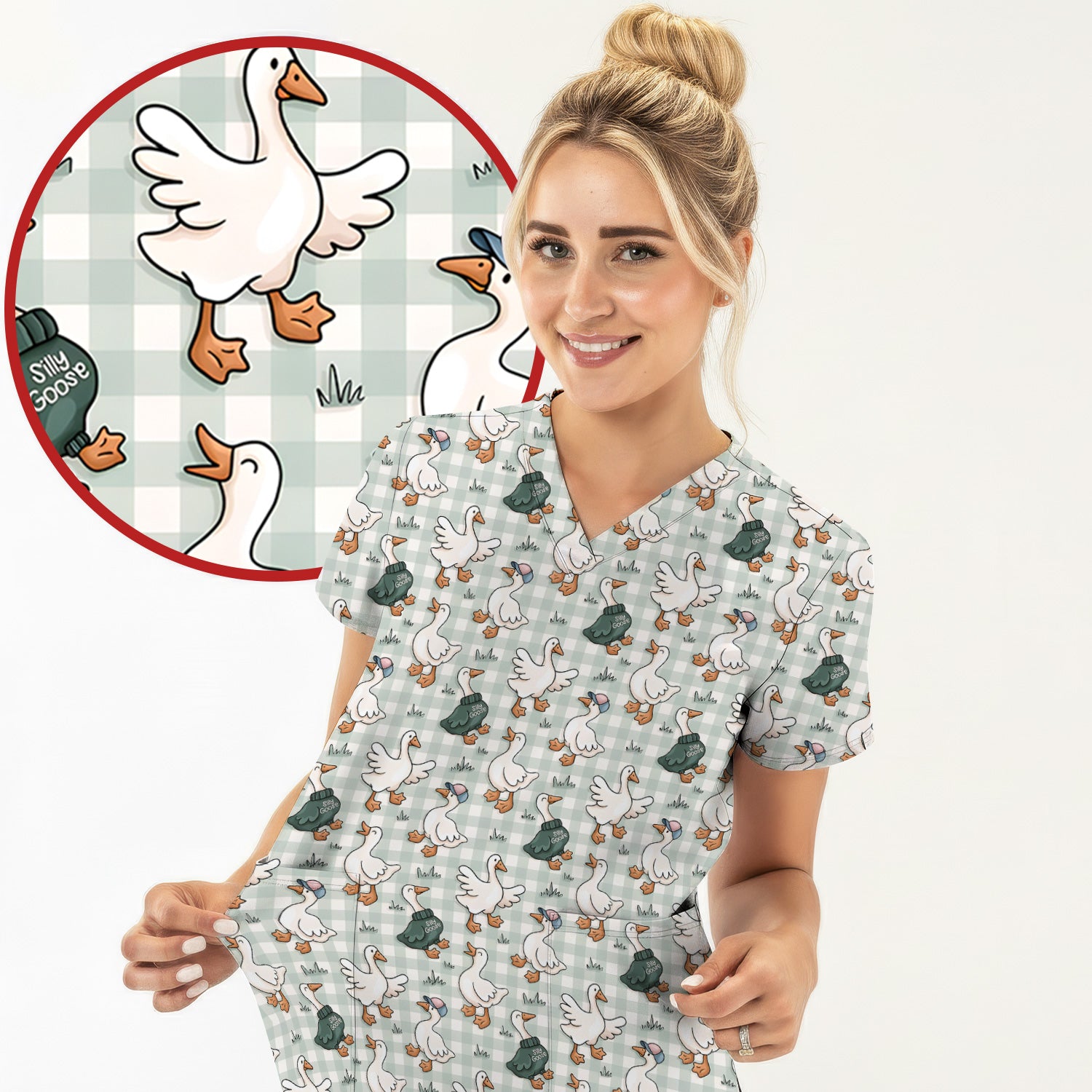 Funny Goose Wearing Sweater On Plaid Background Pattern Scrub Top, Comfortable Scrubs for Nurses
