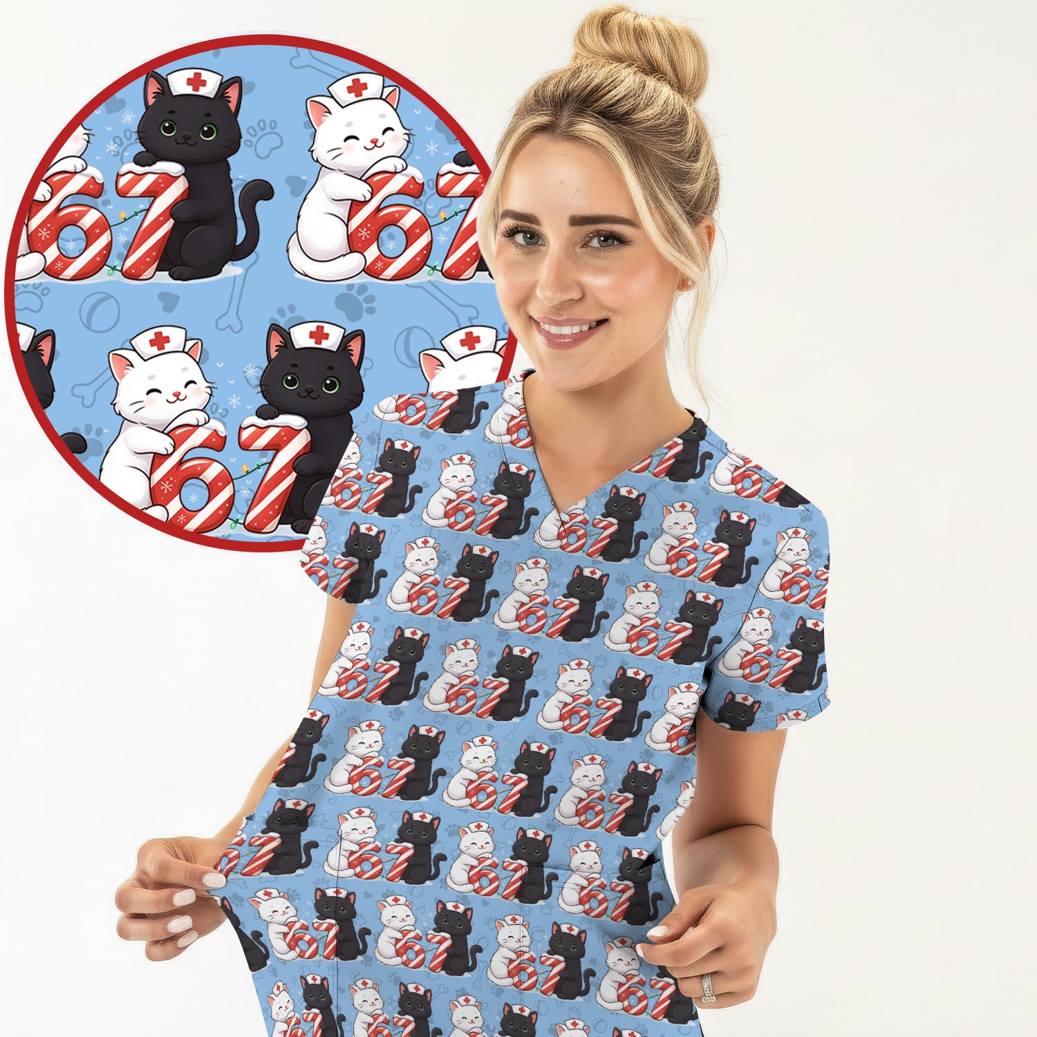 Xmas Cat Pattern Scrub Top, Christmas Nurse Six Seven With Cat Scrub Shirt, Breathable Fabrics Nursing Uniform