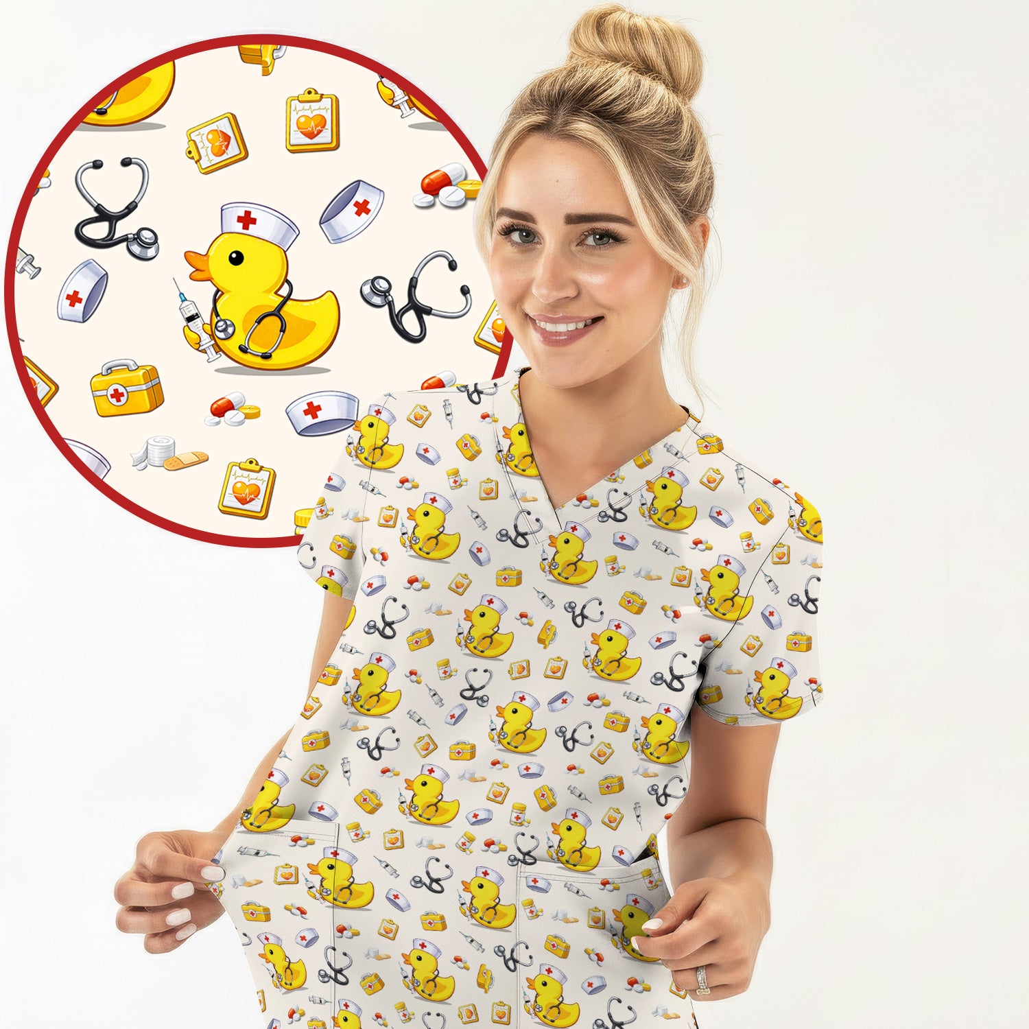 Playful Medical Duck Print Nurse Scrub Top, Comfortable Scrubs for Nurses