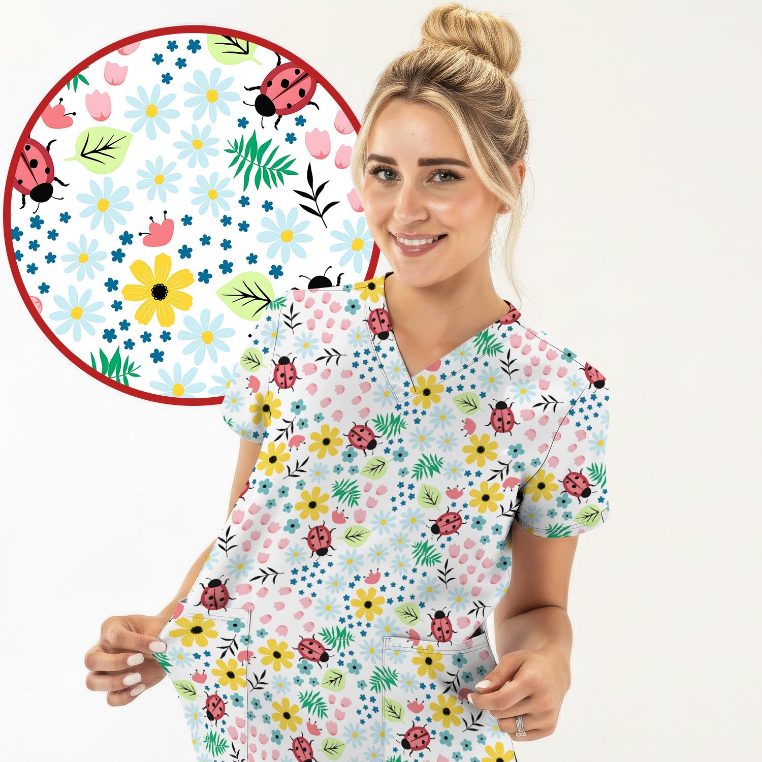 Cute Ladybug Floral Garden Print Scrub Top, Comfortable Scrubs for Nurses