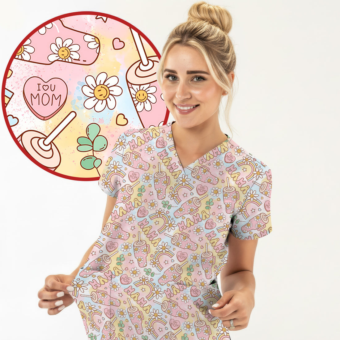 Sweet Nurse Mama Daisy Rainbow Pattern Scrub Top, Comfortable Scrubs for Nurses