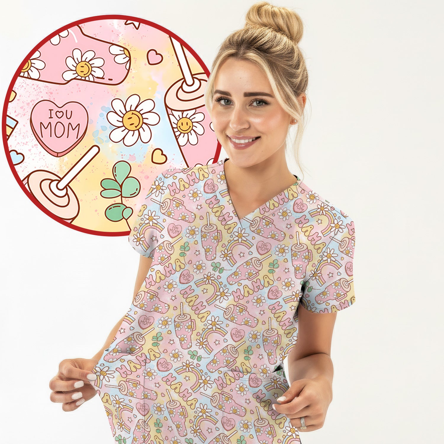Sweet Nurse Mama Daisy Rainbow Pattern Scrub Top, Comfortable Scrubs for Nurses