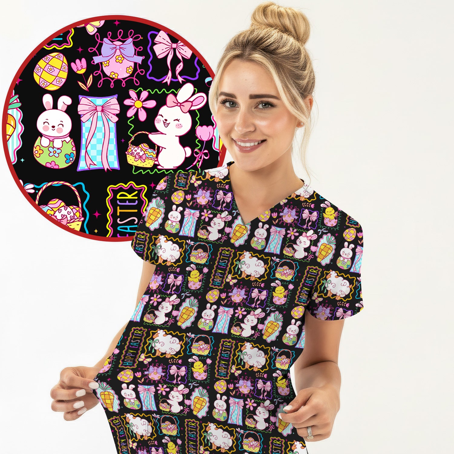 Cute Easter Bunny Egg and Bow Print Scrub Top, Breathable Fabrics Nursing Uniform