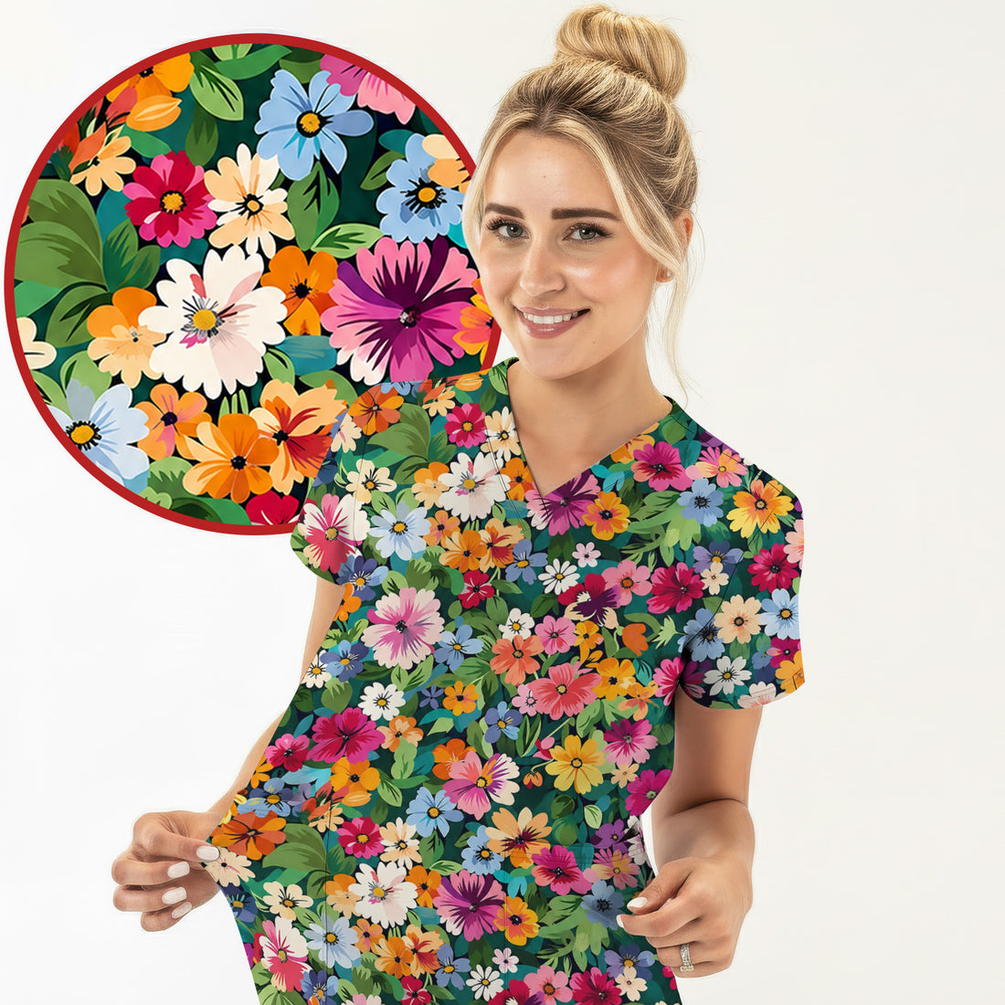 Colorful Wildflower Garden Pattern Scrub Top, Comfortable Scrubs for Nurses