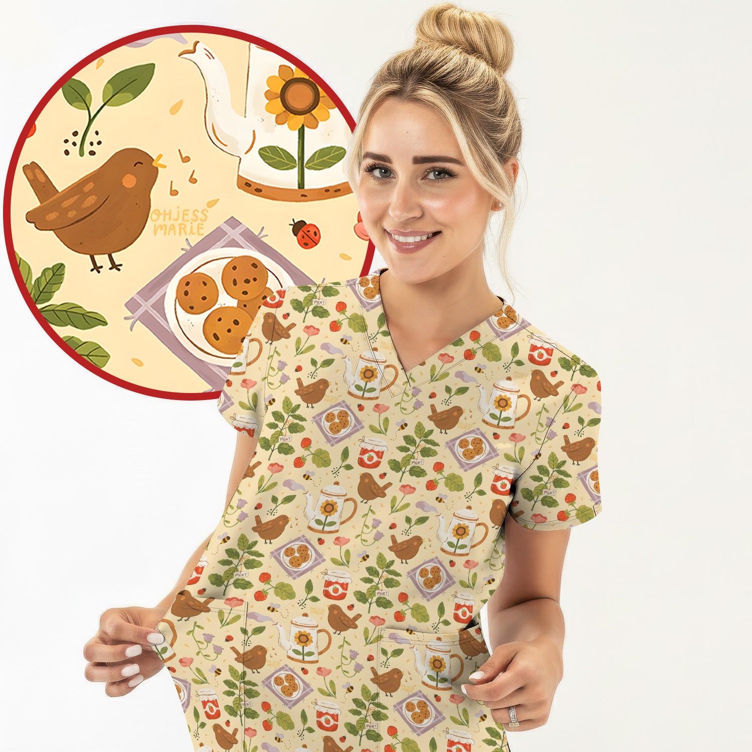 Cute Garden Tea Bird Strawberry Pattern Scrub Top, Comfortable Scrubs for Nurses