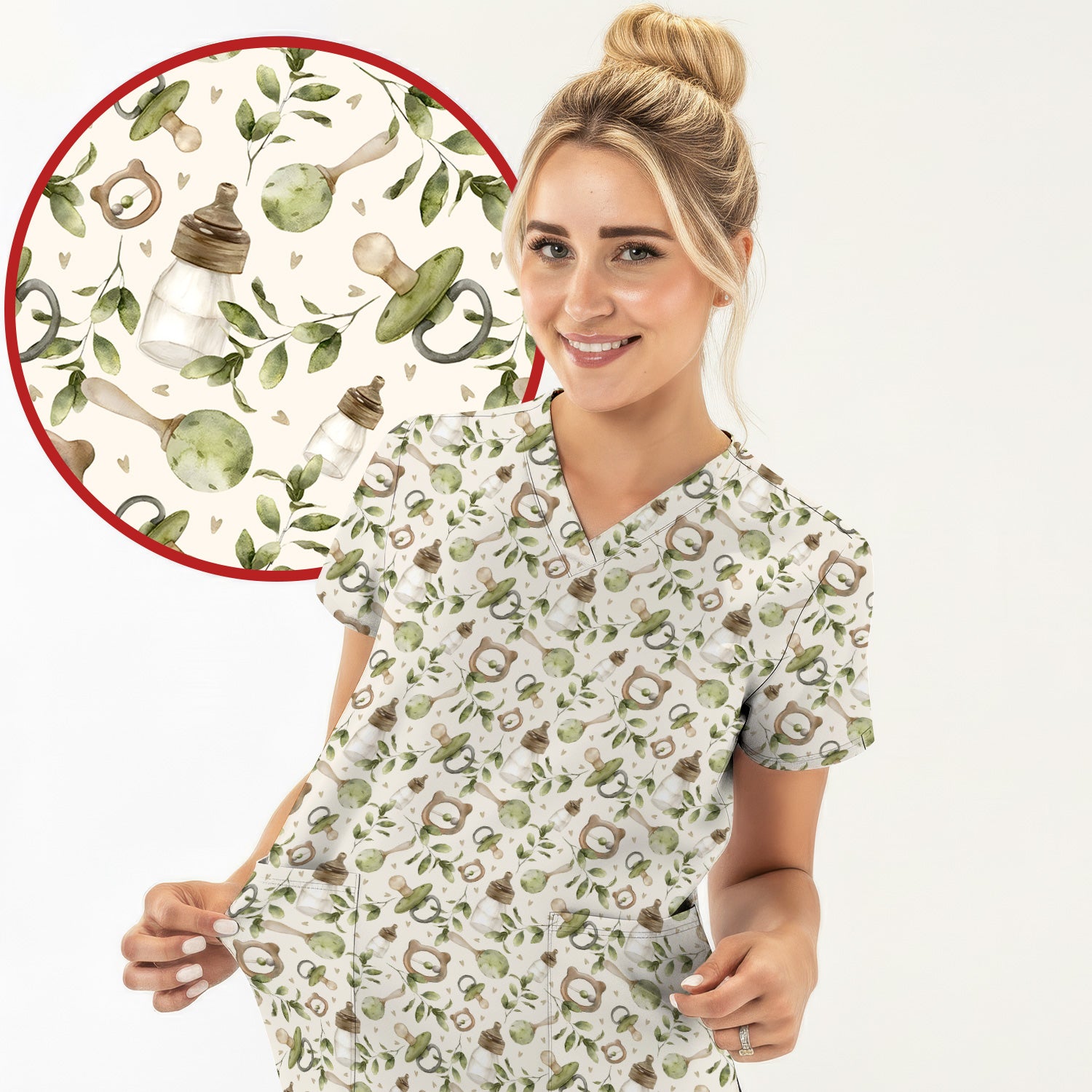 Cute Baby Bottle and Greenery Pattern Scrub Top, Breathable Fabrics Nursing Uniform
