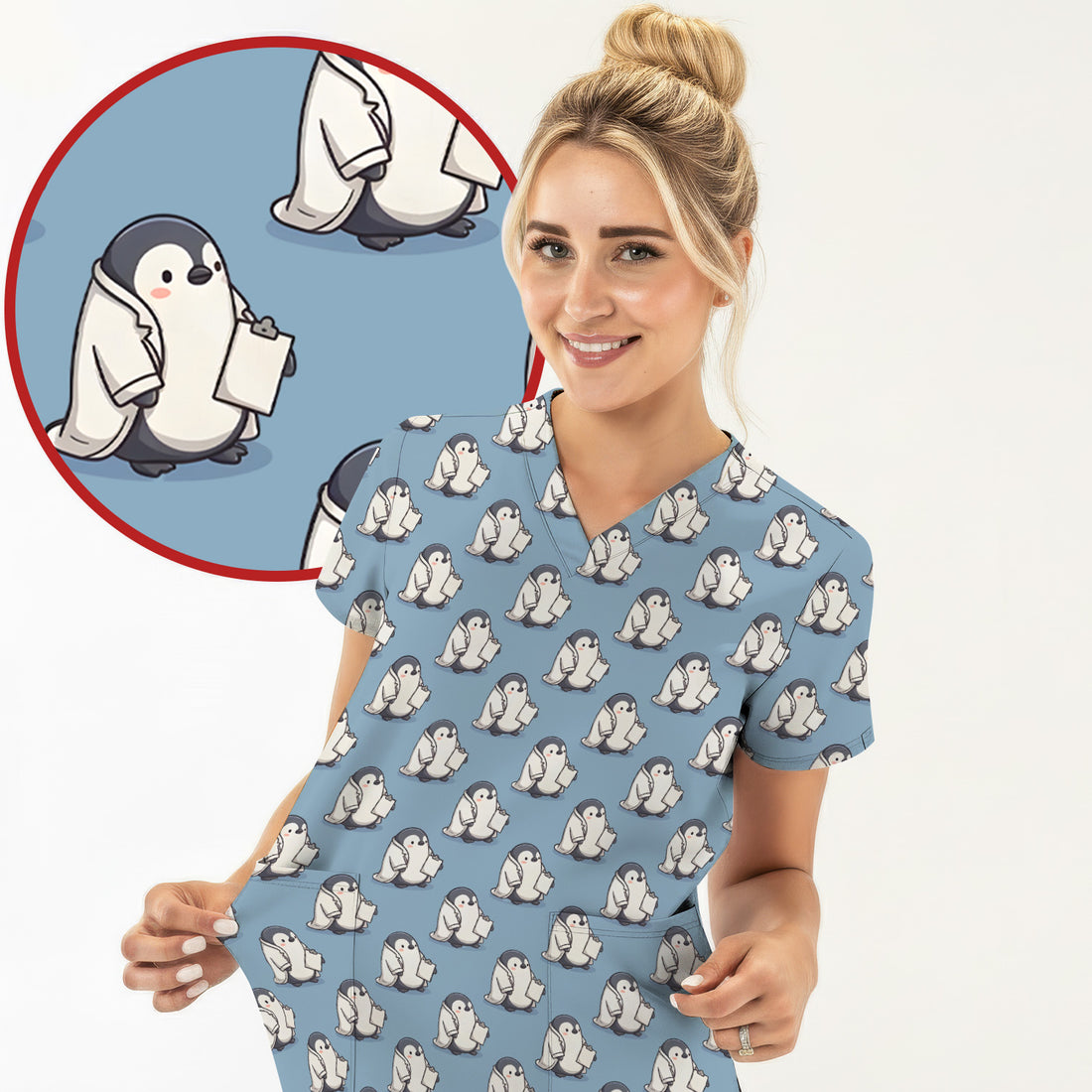 Penguin Nurse Medical Pattern Scrub Top, Comfortable Scrubs for Nurses